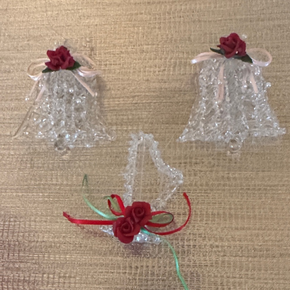 Vintage Spun Glass Crystal Bell and Instrument Ornaments with Red Roses Set of 3